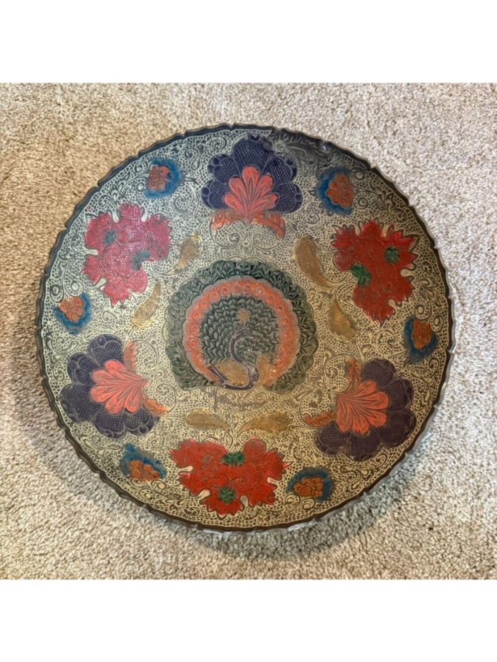 Vintage Indian Brass Enamel Hand Painted Decorative Floral Bowl